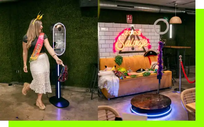 Fotomatón espejo en una despedida de soltera y fotomatón 360 en una fiesta temática