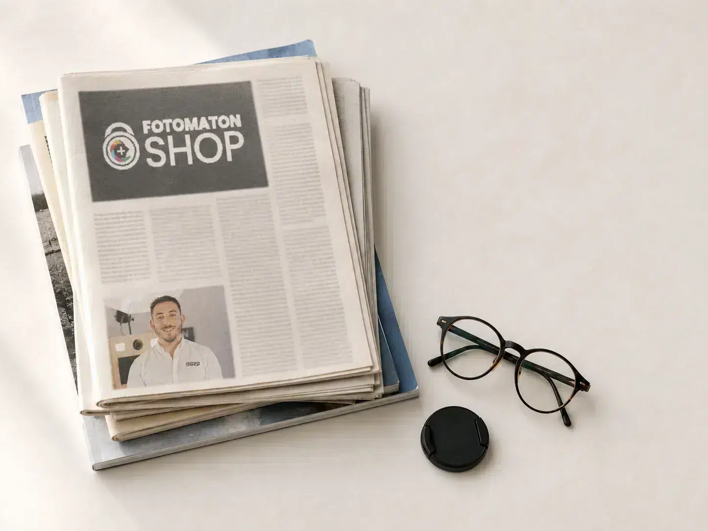Periódico sobre una mesa con un artículo dedicado a FotomatonShop